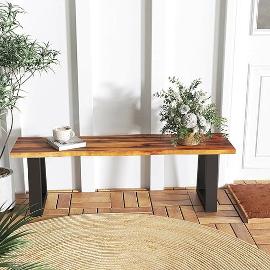 Outdoor Bench, 57.5” Rustic Acacia Wood Dining Bench with Metal Legs, Weatherproof Park Benches for Outside, 2-Person Backless Narrow Garden Bench for Indoors & Outdoors (1)