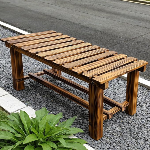 35.5" Outdoor Garden Bench, Weatherproof 2-Person Backless Wooden Bench with Mortise-Tenon Structure – for Garden, Lawn, Porch, Backyard (Brown