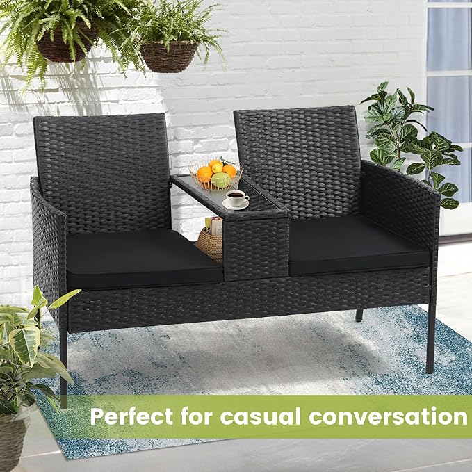 Kromax Wicker 2 Seat Patio Loveseat, Outdoor Rattan Loveseat with Table, Washable Cushion Covers, Backyard, Garden, Lawn, Black Rattan with Black Cushion
