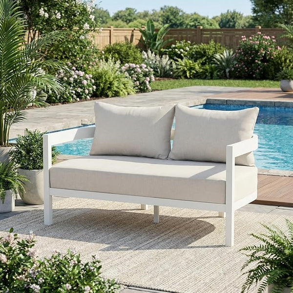 Merax 52.6" Modern Curved-Back Outdoor Aluminum Loveseat, 2-Seater Patio Sofa with Weather-Resistant Cushions for Porch - Photo 1