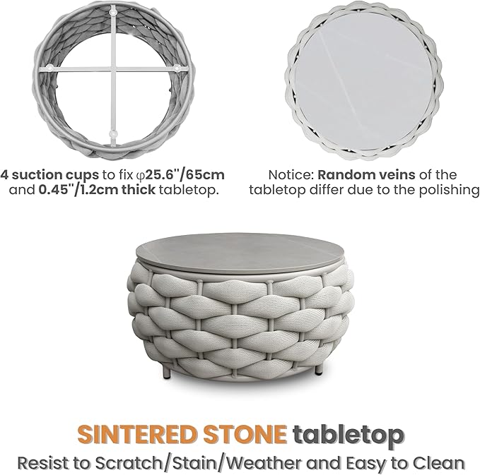 Round Patio Accent Table: φ25.6''/65cm Aluminum Coffee Tables - Hand Woven Rope Side Table Assembled - Metal Modern Outdoor Furniture for 176lbs Deck Porch Garden Poolside Balcony Hotel, Gray