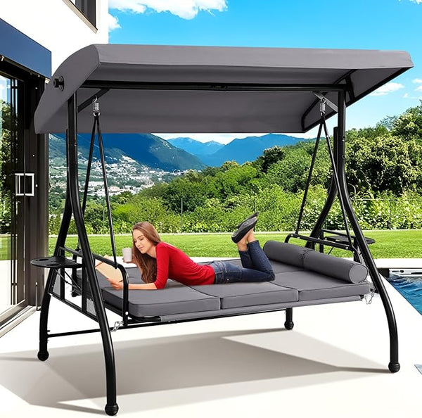 Grepatio 3-Seat Outdoor Porch Swing with Adjustable Canopy, 3 Person Convertible Porch Swing Bed with Stand - Photo 1