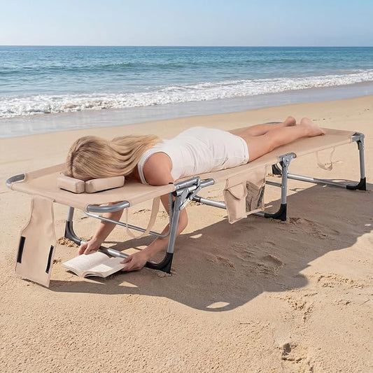 Giantex Face Down Tanning Chair, Folding Beach Lounge Chair w/ 4-Position Adjustable Backrest, Outdoor Sunbathing Lounge Chair w/Face Arm Holes & Storage Pocket for Patio Deck Poolside (1, Sand)