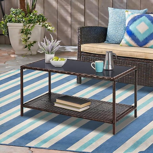 SUNNYPARK Outdoor Rattan Coffee Table 36’’ All-Weather Wicker Patio Side Tables with Glass Top and Storage Shelf Furniture for Living Room Balcony Backyard Poolside