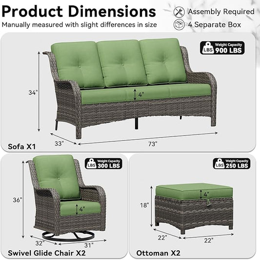 5 Piece Outdoor Wicker Patio Furniture Set, Outdoor Swivel Rocker Patio Chairs Set with Thickened Olefin Cushions, High Back and Deep Seating, Hand-Woven PE Rattan for Porch, Deck