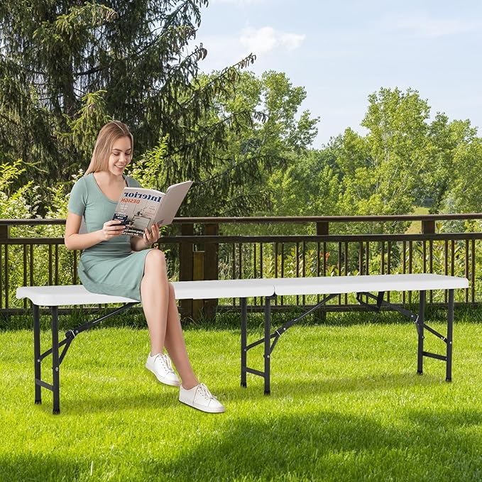 6 Feet Folding Bench Seat Plastic Portable with Metal Legs, Outdoor Rustic Practical Bench w/Handle & Lock, 3-4 People Sturdy Seat for Indoor/Outdoor Party Garden Camping Dining Picnic Use 2 Pack