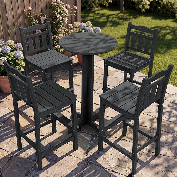 Outdoor Round Bar Table,43 Inch All-Weather HDPE Bar Height Pub Table with Adjustable Feet, Heavy Duty High Top Bistro Table for Garden, Deck, Poolside,Backyard(Black)