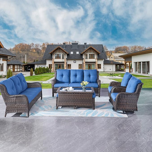 Rilyson Wicker Patio Furniture Set - 7 Piece Rattan Outdoor Sectional Conversation Sets with 2 Rocking Swivel Chairs,2 Ottomans,2 Sofa and 1 Coffee Table for Porch Deck Garden(Brown/Blue)