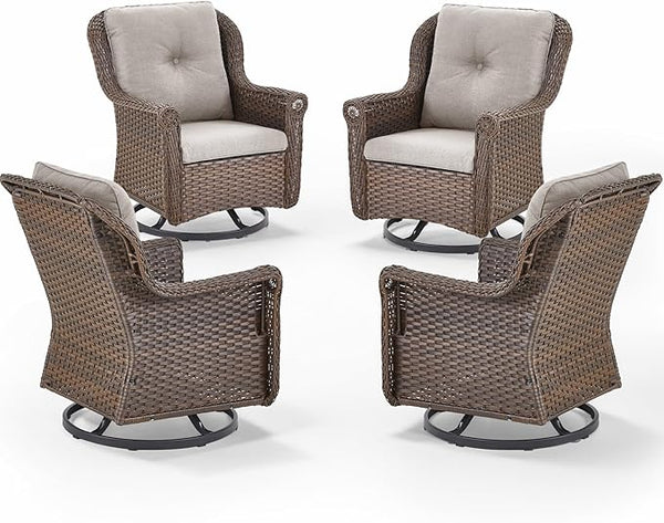 Patio Chairs Outdoor Swivel Glider - Set of 4 High Back Outside Brown Wicker Rattan Rocking Chair with Thick Cushion - Photo 1