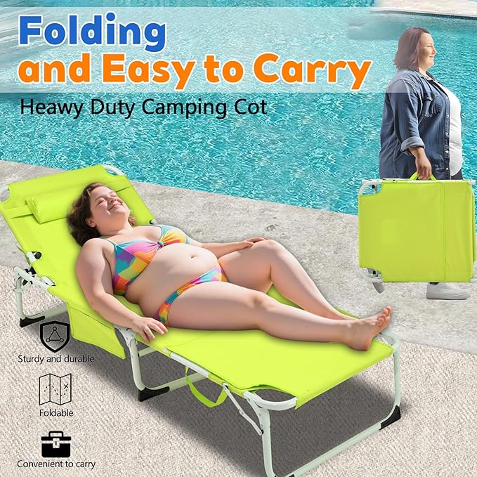 3-in-1 Heavy Duty Tanning Chair with Face Hole Adjustable 5-Position Folding Chaise Lounge Chairs Portable Lay Flat Beach Lounge Chair for Outdoor Sunbathing Patio Pool Lawn Camping Deck (Green)