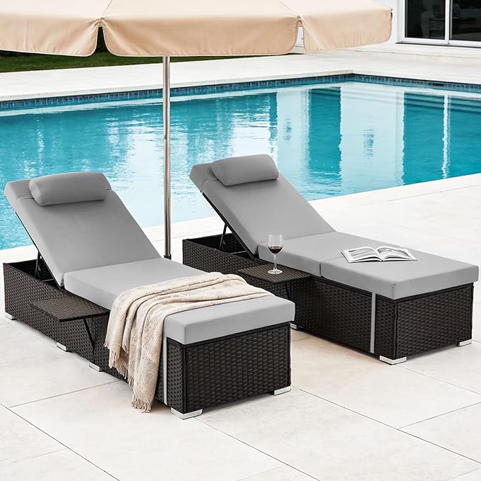 Outdoor Chaise Lounge with Adjustable Backrest Set of 2, 6-Position Reclining Lounger Pool Chair, Thick 3-Inch Cushion & Side Tray, All-Weather PE Wicker for Outdoor, Backyard, Deck (Gray)
