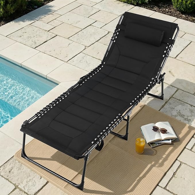 TLSUNNY Padded Folding Lounge Chair, Portable Reclining Chair with Pillow & Side Pocket, Outdoor 5-Position Adjustable Chaise Lounger with Carrying Handle, for Beach, Pool, Sunbathing (Black)