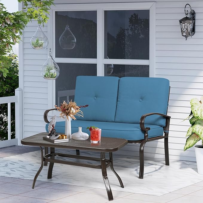 Incbruce Patio Loveseat with Coffee Table - Outdoor Bench with Cushion,2 Piece Wrought Iron Outdoor Loveseat Metal Frame Porch Furniture Set Bench for Patio, Poolside, Garden (Peacock Blue)