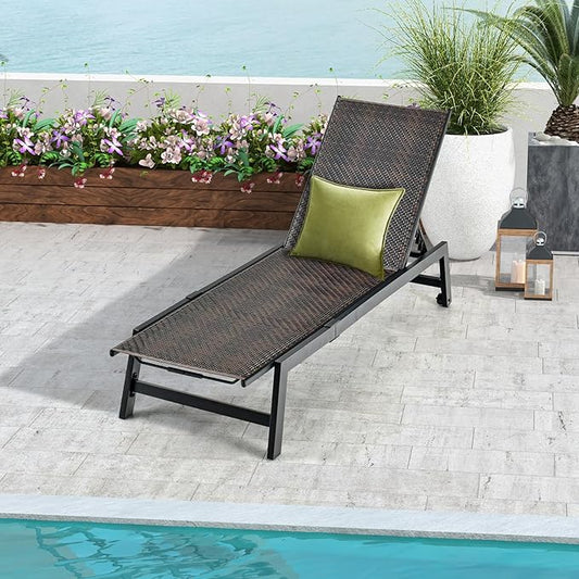 Giantex Patio Chaise Lounge Chair - Outdoor PE Rattan Recliner Chair with Wheels, 5-Position Adjustable Backrest, Steel Frame, Wicker Tanning Chair for Deck, Poolside, Yard, Beach Sunbathing Chair(1)