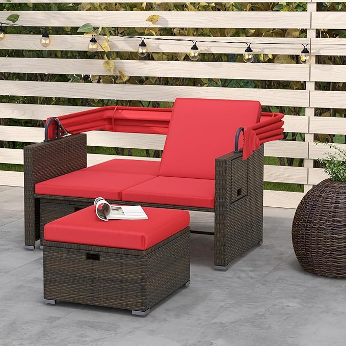 RELAX4LIFE Wicker Outdoor Daybed with Canopy - Rattan Loveseat Sofa Set w/Storage Ottomans, Adjustable Back, Retractable Trays, Sunbed Double Chaise Lounge for Backyard, 2-Seater Patio Daybed (Red)
