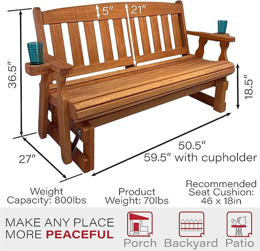 Amish Heavy Duty 800 Lb Mission Pressure Treated Porch Glider with Cupholders (4 Foot, Cedar Stain)