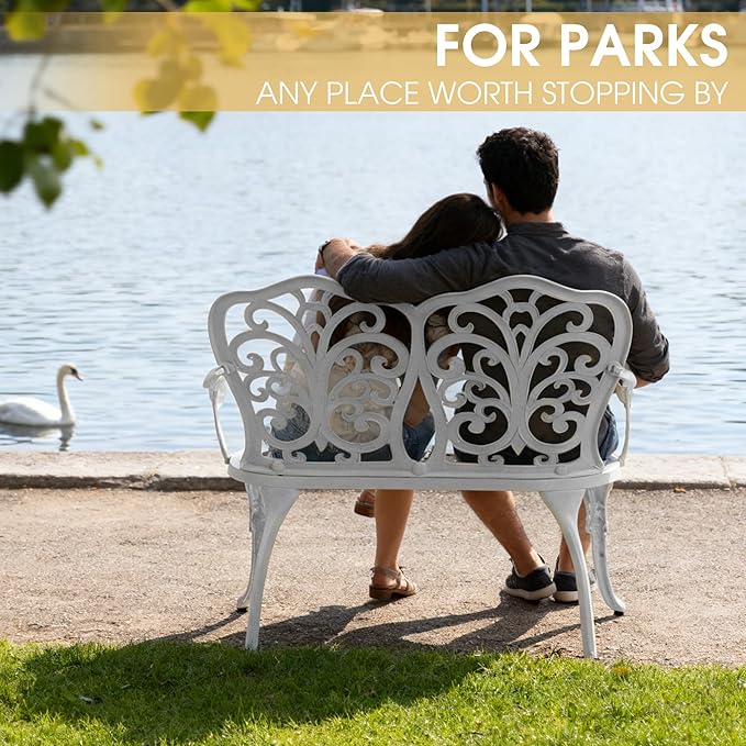 Outdoor Bench, Cast Aluminum Double Seating with Backrest and Armrests, Mental Outdoor Furniture for Patio, Porch, Garden, Park, White Butterfly