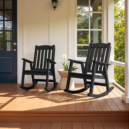 Flamaker Outdoor Rocking Chairs, PP Material Patio Rocking Chairs All Weather Resistant, Heavy Duty Rockers with High Back for Patio Backyard Porch (Black)