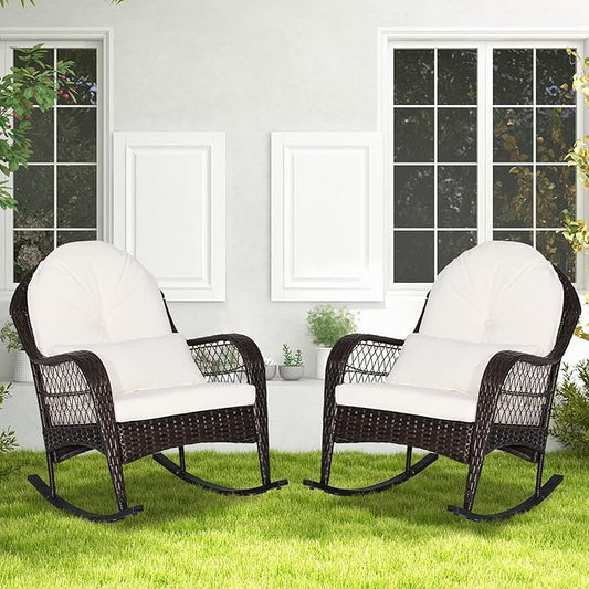 ORALNER Patio Wicker Rocking Chair, Outdoor PE Rattan Rocker with Seat and Back Cushion, Waist Pillow, Armrests, Garden Chair for Porch, Backyard, Poolside, Deck (2, Off White)