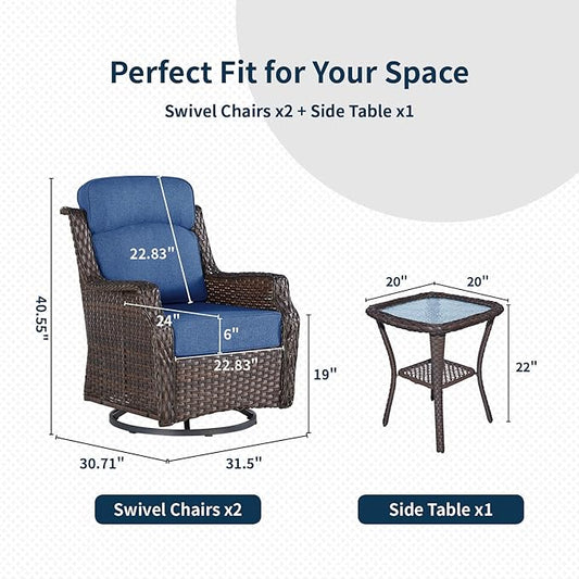 Outdoor Wicker Swivel Rocker Chair with 6-Inch Thick Cushions, High Back Patio Glider Chair, 360° Swivel & Rocking Motion for Porch, Deck, Balcony, Poolside, Brown/Blue