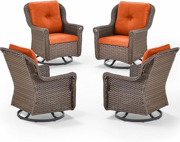 Patio Chairs Outdoor Swivel Glider - Set of 4 High Back Outside Brown Wicker Rattan Rocking Chair with Thick Cushion - Photo 1