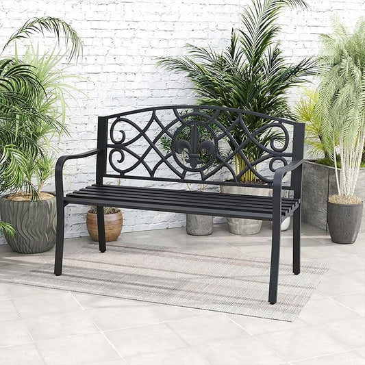 Giantex 50.5” Outdoor Bench with Metal Frame, Floral Design Cast Iron Backrest, Slatted Seat, Adjustable Foot Pads, Load 660Lbs, Garden Bench for Outside Patio Backyard Porch Park, Black