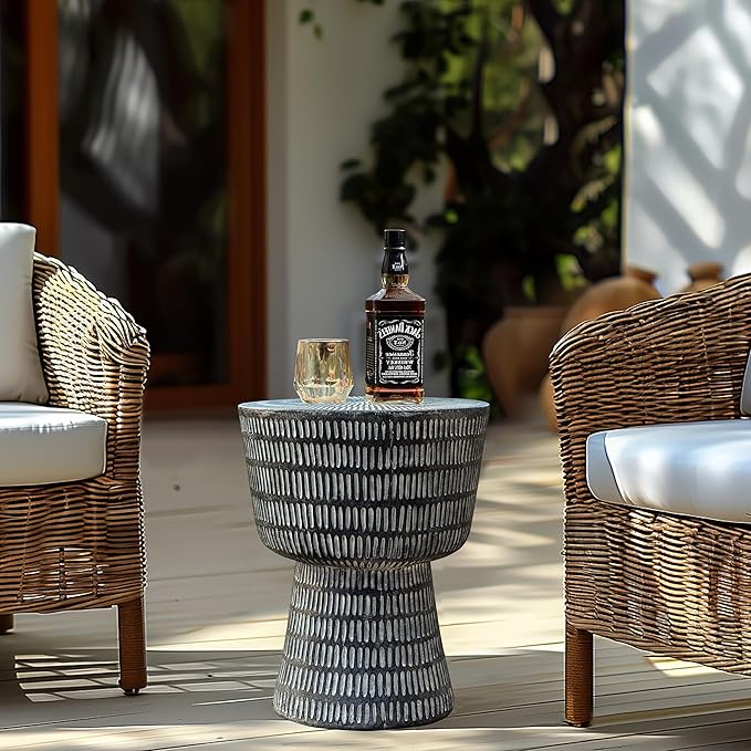 LuxenHome Outdoor Accent Side Table, 15'' Black Round Spiral Pattern End Table, Indoor Outdoor Coffee Furniture for Patio, Living Room, Backyard,Garden Stool and Plant Stand