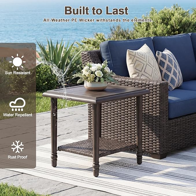 Wicker Outdoor Side Table, Heavy Duty Iron Patio Table for Porch Balcony Deck Garden Poolside