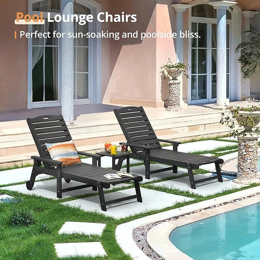 LUE BONA HDPS Chaise Lounge Chair Set of 2, Outdoor Pool Lounge Chairs with Adjustable Backrest, Resin Patio Lounge Chairs with Wheels for Outside, Poolside, Black