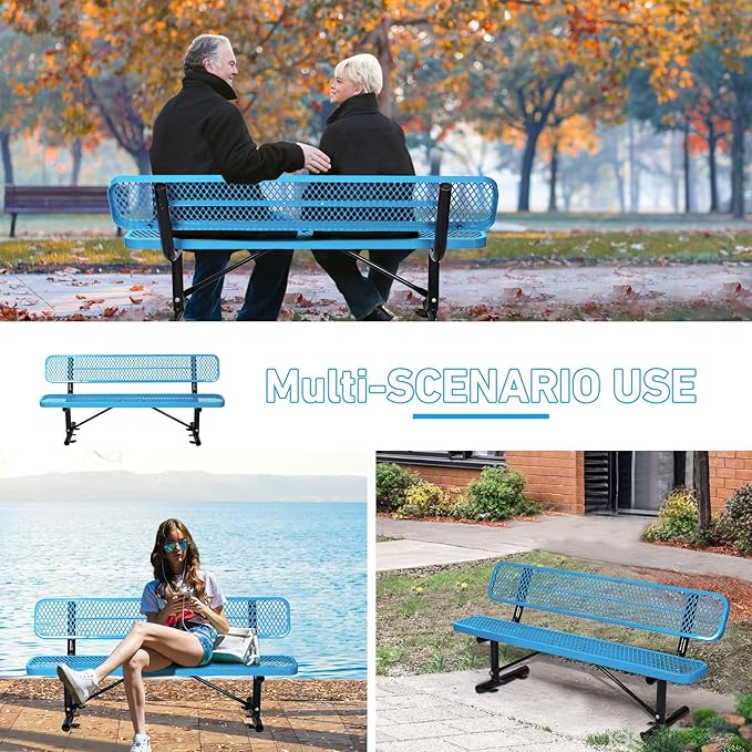 Heavy Duty Metal Park Bench for Outside, Outdoor Garden Benches with Backrest & Portable Frame, Expanded Metal Mesh Bench for Shopping Malls, Lawn, Park, Deck, Patio, Porch (Blue, 6FT/72INCH)