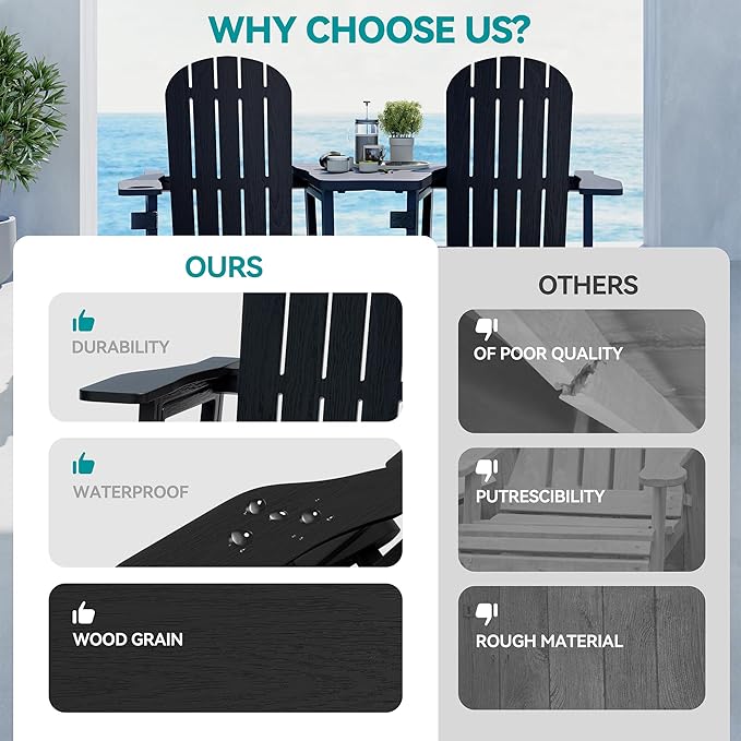 Vongrasig Adirondack Chairs Set of 2 with Removable Tabletop and Footrest, All-Weather HDPE Outdoor Chair Set with Wooden Textured, Cup Holder for Patio, Poolside, Deck, Garden, Black