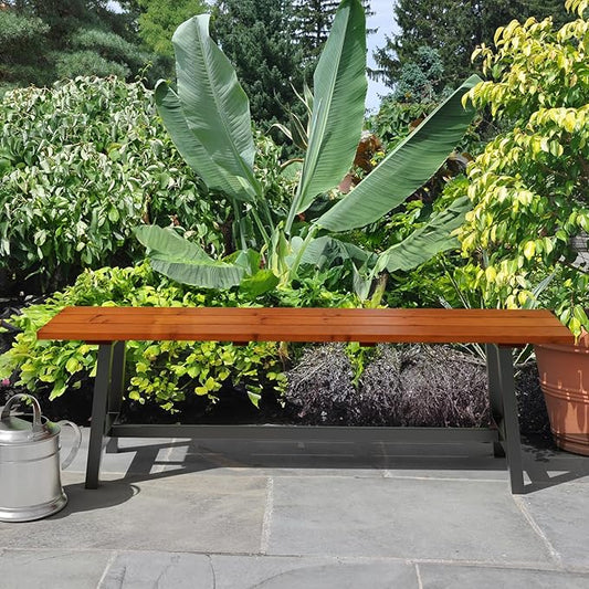 VINGLI Outdoor Wooden Bench, 45” 2-Person Backless Dining Bench, Weatherproof Outdoor Patio Bench for Porch Entryway Garden (1, Brown & Black)