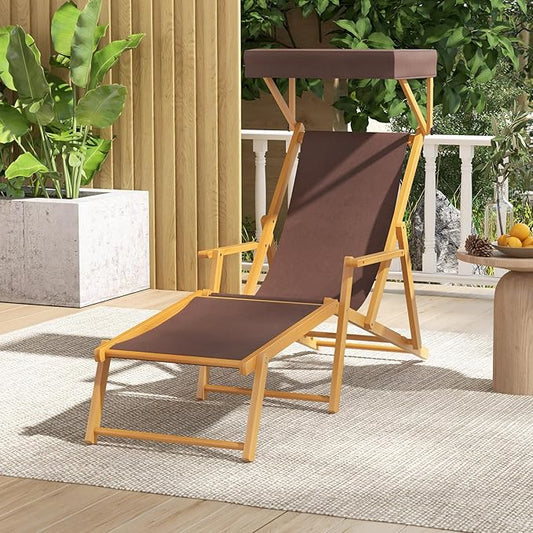 Giantex Lounge Chair Outdoor, Foldable Beach Chaise Lounge with Adjustable Canopy, Replacement Fabric, Wood Frame, Reclining Backrest & Footrest, Camping Chair for Patio, Poolside, Beach (1, Brown)