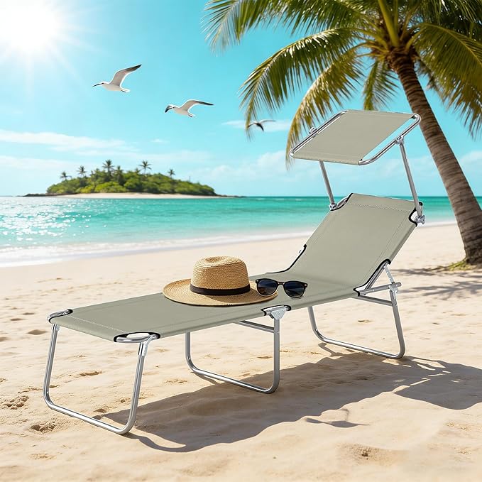 Outsunny Outdoor Lounge Chair, Adjustable Folding Chaise Lounge, Tanning Chair with Sun Shade for Beach, Camping, Hiking, Backyard, Cream White