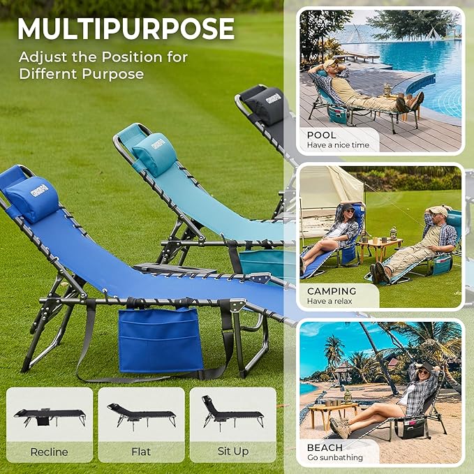 FUNDANGO Chaise Lounge Chair Outdoor, 5-Position Folding Tanning Chair with Detachable Side Table & Pillow, 180° Lay Flat Portable Beach, Heavy Duty U-Frame for Patio, Pool, Lawn, 265lbs(Black 2 pack)