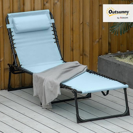 Outsunny Folding Chaise Lounge Chair, Patio Sun Tanning Chair, Outdoor Chaise Lounger with 4-Position Reclining Back, Breathable Mesh Seat for Beach, Poolside, Yard, Baby Blue