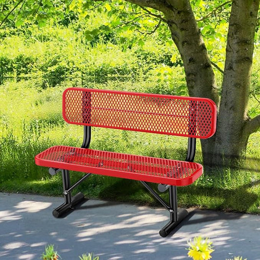 Heavy-Duty Park Bench for Outside - Black Coated Outdoor Furniture Steel Bench, Commercial-Grade Outdoor Benches Weatherproof for Park, Patio, Porch (Portable with Back, 4/6/8 Ft) (Red, 4FT)