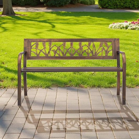VEVOR Outdoor Bench, 50 inch, Carbon Steel Metal Frame with PVC Floral Pattern Backrest and Round Edge Armrests, Weatherproof Outside Bench for Patio, Garden, Park, Yard, Front Porch, Antique Bronze