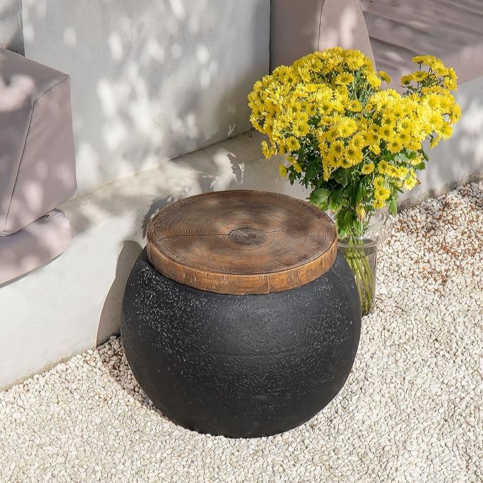 COSIEST Outdoor Side Table,Black Drum Outdoor End Tables,17" Concrete Patio Side Table for Outside Faux-Wood Top Accent Side Table Stool for Livingroom,Bedroom,Garden