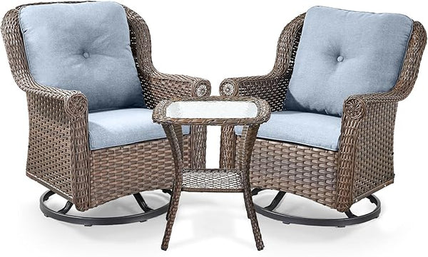 3 Piece Patio Swivel Chairs and Side Table Set - High Back Outdoor Brown Wicker Rattan Rocking Glider with Thick - Photo 1