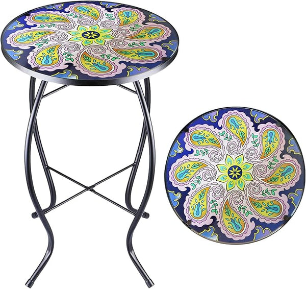 12 Inch Small Outdoor Side Table with Purple Flower, Glass Mosaic Patio Table Indoor - Photo 1