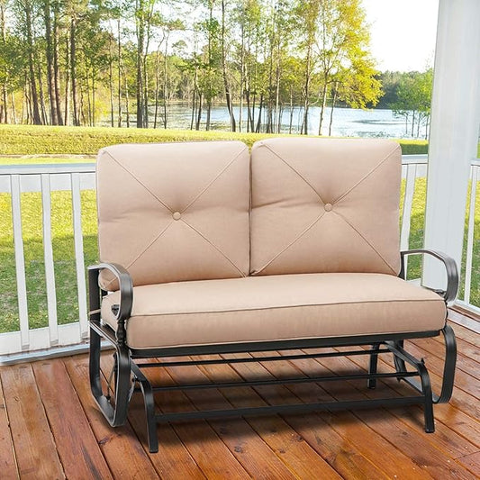 Patio Bench, Porch Glider Outdoor Swing Glider Rocking Loveseat, Steel Frame Chair with Thick Cushion (Brown)