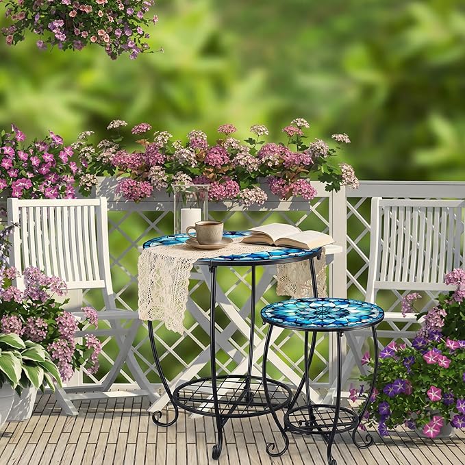 2 Pcs Outdoor Side Table Small Patio Round Mosaic Accent End Table Indoor Plant Metal Coffee Tea Tables for Patio Yard Porch Garden Living Room(12" and 16",Mandala Style)