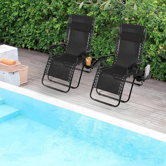 TLSUNNY Zero Gravity Chair Set of 2, Outdoor Folding Lounge W/Detachable Headrest & Holder Tray, Adjustable Textilene Lawn Reclining, No Assembly Required, for Patio, Garden, 330LBS (2, Black)
