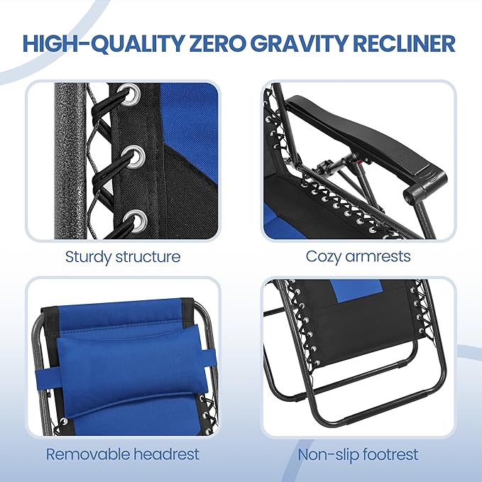 Yaheetech Padded Zero Gravity Recliner, Foldable Outdoor Patio Chairs, Adjustable Anti Gravity Lounger for Backyard Camping w/Carry Strap, Cup Holder, Pillow Navy Blue/Black Set of 2