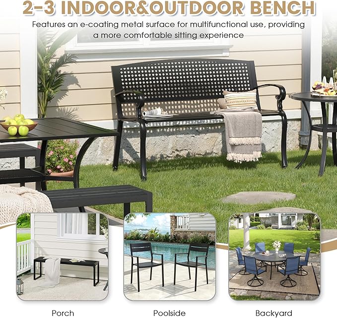 VICLLAX Outdoor Garden Bench, Metal Frame Patio Bench with Oval Design Backrest for Porch Yard Lawn Deck, Black
