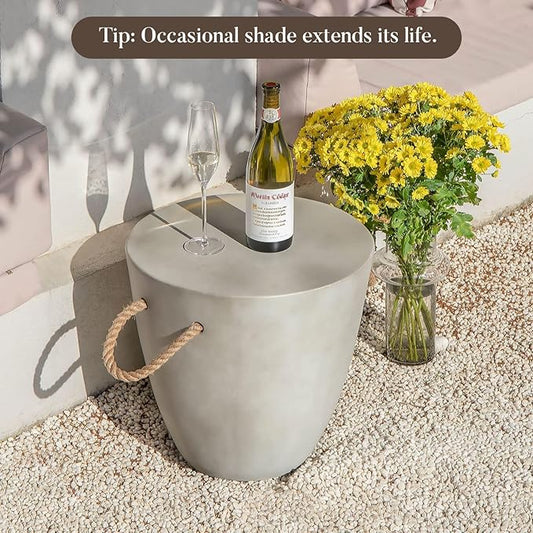 COSIEST Set of 2 Outdoor Cup Shaped Side Table, Concrete Side Table w Hemp Rope Handles,17''Patio Side Tables End Table, Outdoor Accent Table for Garden and Patio, Grey