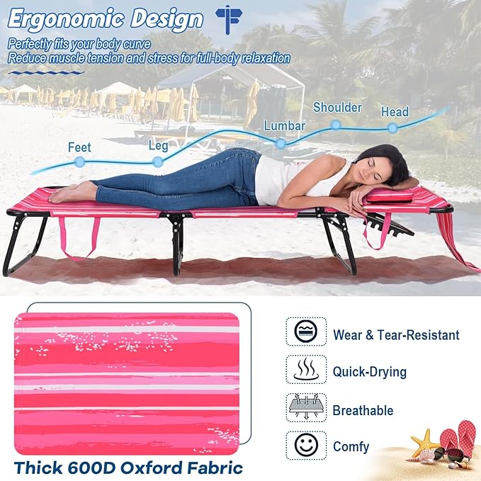 Goplus Tanning Chair, Folding Beach Lounge Chair with Face Hole, Removable Pillow, Carry Strap, Position Adjustable, Sunbathing Chair, Portable Outside Lounge Chair for Patio Pool