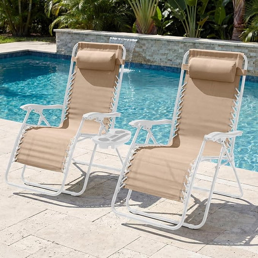 Best Choice Products Set of 2 Extra Wide Adjustable Steel Mesh Zero Gravity Lounge Chair Recliners w/Pillows and Cup Holder Trays - Sand/White