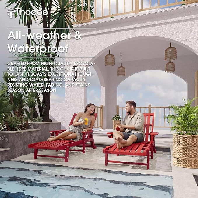 THOEOE Patio Chaise Lounge Chair Set of 4, Oversized Lounge Chair Outdoor with 5 Positions, HDPE, Patio Lounge Chair with Wheels & Cup Holder for Pool, Deck, Poolside,Red